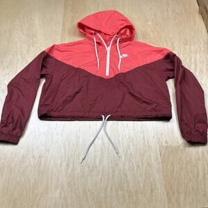 Nike Women’s Heritage Medium Cropped Windbreaker Half Zip Hooded Pink Burgundy